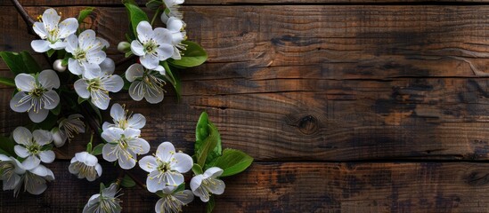 Blooming flowers of a fruit tree against a wooden backdrop.