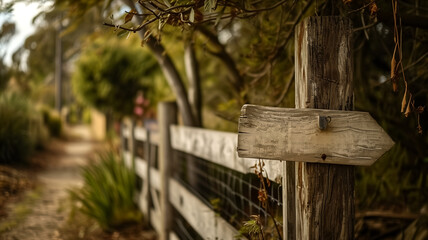 Wooden signpost on a tranquil nature trail. Rustic direction marker concept. Design for eco-tourism poster, nature exploration banner.
