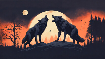 Two wolves howling at night.