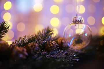 Snow Ball With Christmas Tree And Lights On Winter Background