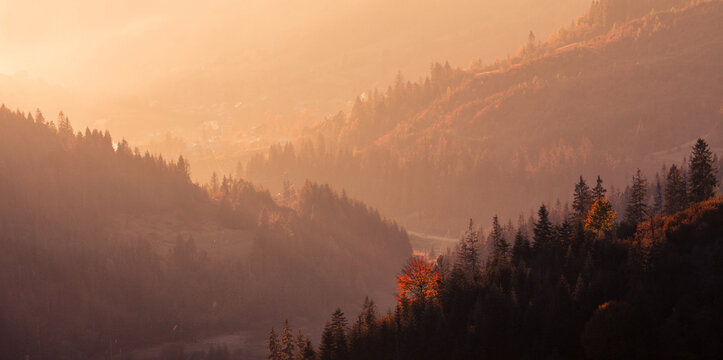 wonderful autumn sunrise image in mountains, autumn morning dawn, nature colorful background, Carpathians mountains, Ukraine, Europe	