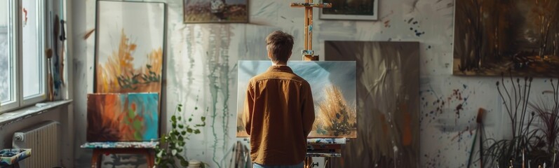 Painting on easel in an artist's studio with a man standing in front of it. Banner