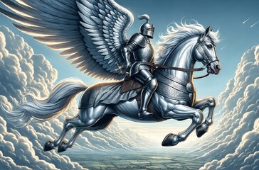 a cartoon character of a knight in shining silver armor, riding a flying horse