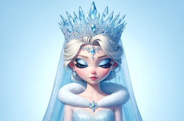 a cartoon character of the Ice Princess, complete with a crown made of ice and a sparkling cloak