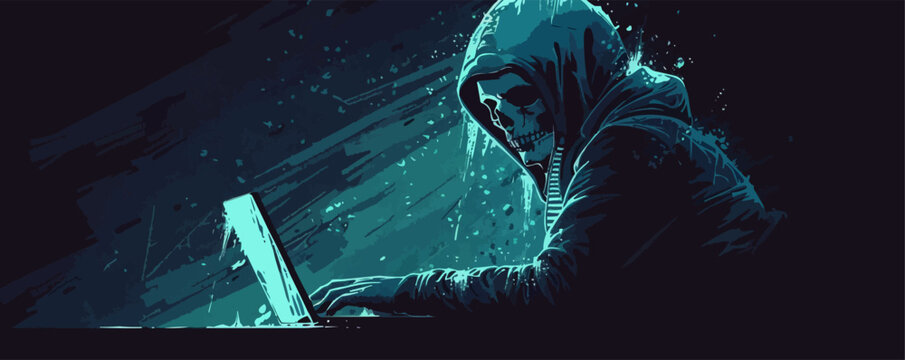 Hacker Using Laptop With Skull Planning Attack. Vector Simple Illustration