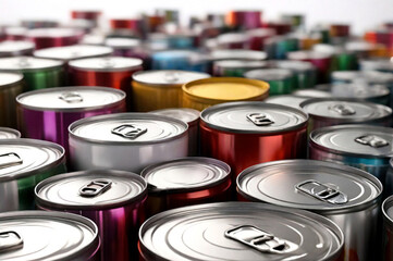 Cans for storing liquid products with lids background, close up. Backdrop of tin jars container with lid for storing food and aqua product. An empty jars for food. Copy ad text space