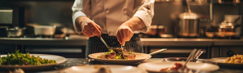 Chef preparing food in a restaurant kitchen with many plates of food. Banner - obrazy, fototapety, plakaty