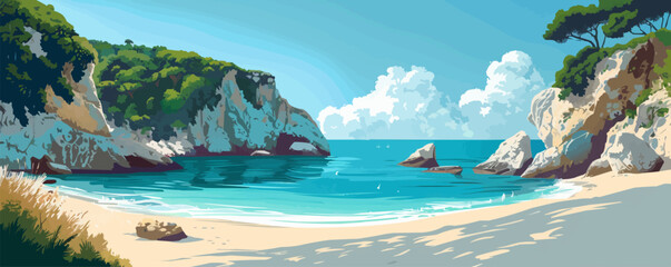 A serene coastal cove with golden sands, turquoise waters, and rugged cliffs dotted with sea caves. Vector flat minimalistic isolated illustratio - obrazy, fototapety, plakaty