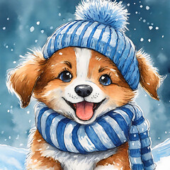 Portrait of a cute puppy dressed in a knitted hat and scarf in winter. AI generated. - 789196660