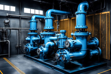 Industrial interior of water pump, valves, pressure gauges, motors inside engine room. Industry pumps in an technical room with urban modern powerful pipelines, automatic control systems. Copy space