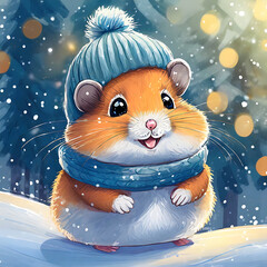 Portrait of a cute cute hamster dressed in a knitted hat and scarf in winter.  - 789196688