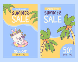 Poster summer sale discount. Happy bunny with cocktail swims on rubber circle under tropical palm leaves. Funny cartoon kawaii animal character. Vector illustration. Isolated vertical gift cards.