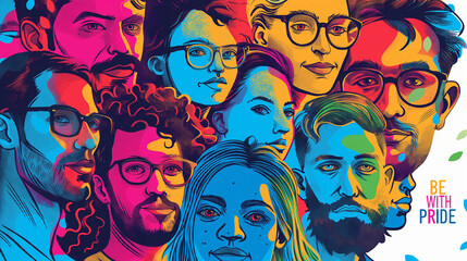 Pop Art Illustration of Diverse People. Faces, Heads, Ethnicity, Race. Equality, Human Rights, Modern Society, Globalization. Pride March, LGBTQ+ community, Festival. Audience, Crowd, Citizens, Humans