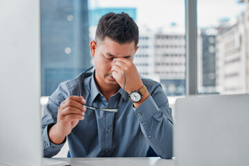 Naklejka premium Business man, eye strain and glasses in office, stress and bad mental health or burnout and pc glitch. Male person, migraine and frustration for headache, anxiety and fail or bankrupt accountant