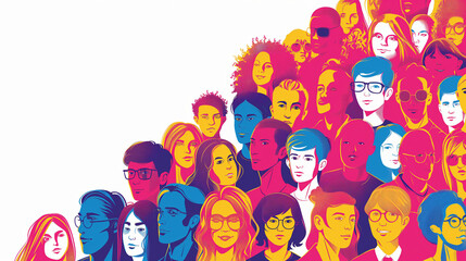 Pop Art Illustration of Diverse People. Faces, Heads, Ethnicity, Race. Equality, Human Rights, Modern Society, Globalization. Pride March, LGBTQ+ community, Festival. Audience, Crowd, Citizens, Humans