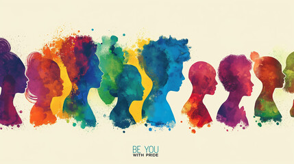 Colourful Silhouettes of Diverse People. Multicultural Group, Team, Crowd. Diversity, Equality, Unity. Human Rights, Ethnicity. Watercolor, Ink, Paint, Stencil. Concept Art. Profiles, Heads, Faces.