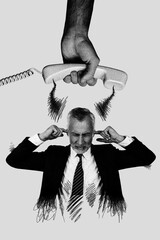 Vertical photo collage of upset angry businessman shut ears noise quarrel telephone receiver call...