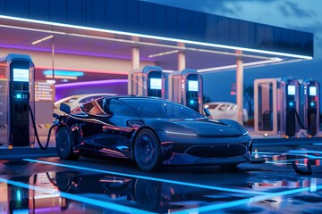 Obraz premium An autonomous electric car parked at a hydrogen fueling station, reflecting advanced automotive technology and sustainable energy solutions.