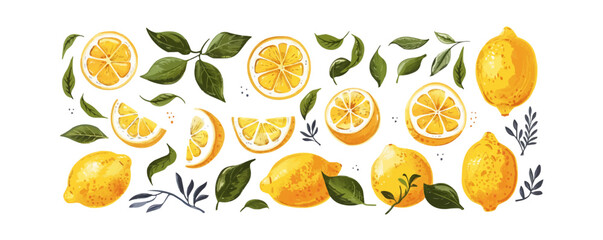 Hand drawn abstract lemons set. Collection of whole and cut lemons, branches, leaves vector cartoon illustrations isolated on transparent background.