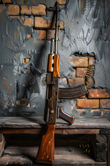 Unveiling the Robustness and Craftsmanship of the Iconic PK Machine Gun in a Rustic Setting - obrazy, fototapety, plakaty