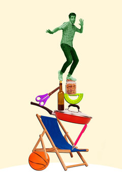 Vertical photo collage of happy guy stand pile things balance saucepan lounger bottle scissors macaroni jar isolated on painted background