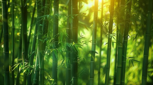 tall and serene bamboo stalks reaching towards the light in a dense, eco-friendly and tranquil forest