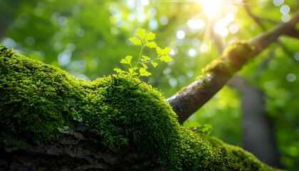 A dense green tree forest, where the tree branches are thickly covered with lush moss, offers a mysterious and natural ambiance, perfect for explorations and nature photography.