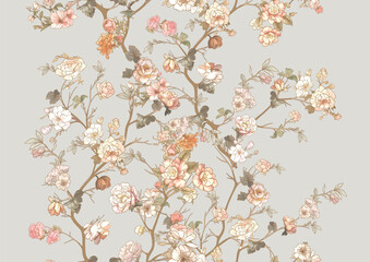Blossom trees with flowers. Seamless pattern, background. Vector illustration. In Chinoiserie, japandi, botanical style - 789197630