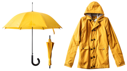 Umbrella and rain coat isolated on transparent background, PNG, Ai