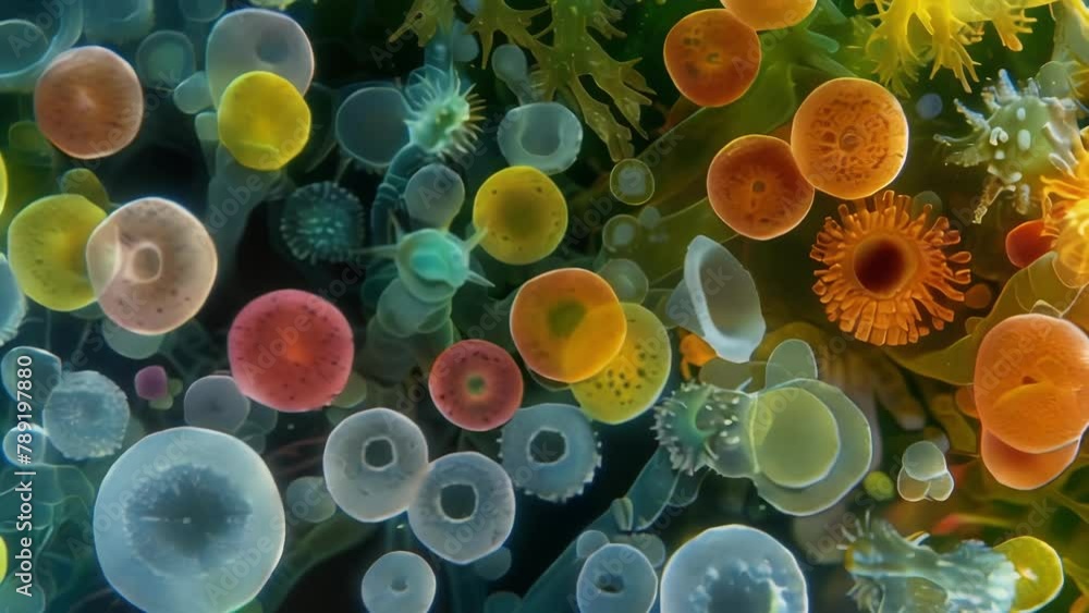 Poster a colorful and intricate microscopic landscape with rotifers roaming and grazing a algae and bacteri