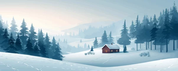 Rolgordijnen A tranquil snowy landscape with frosted pine trees and a cozy cabin tucked away in the woods. Vector flat minimalistic isolated illustration. © Влада Яковенко