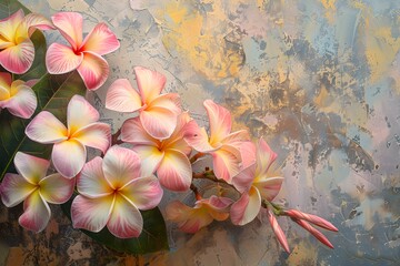 Delicate plumeria blossoms in shades of pink and yellow gracefully adorning the walls, adding a touch of tropical beauty.