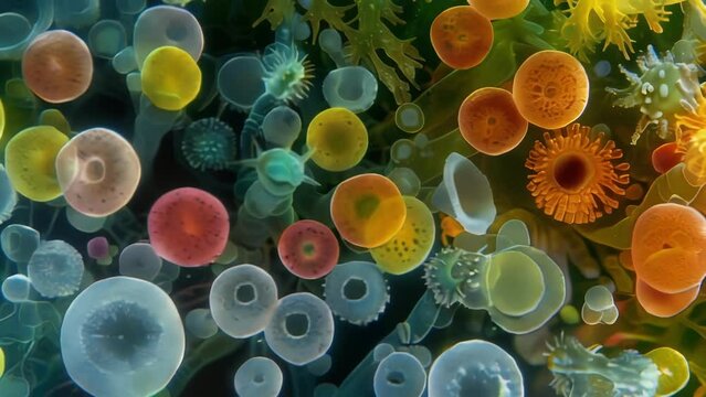 A colorful and intricate microscopic landscape with rotifers roaming and grazing a algae and bacteria highlighting their essential . AI generation.