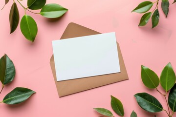 Mock up of a postcard over and envelope surrounded by green leaves on pink background