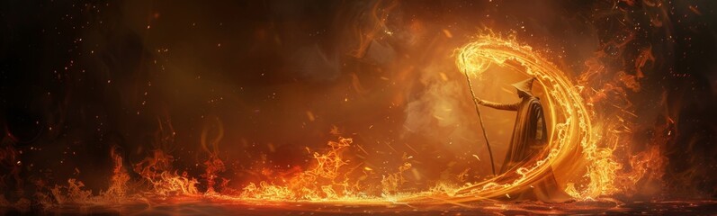 Flames are lit up around a man holding a staff. Magician concept background, Banner