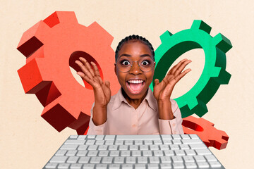 Composite photo collage of happy astonished girl office tool keyboard optimization gears settings...