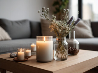 Scented candles and vase with flowers on the coffee table in living room of cozy apartment. Home decor concept.