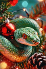 Festive Snake Amidst Holiday Decorations and Pine Cones