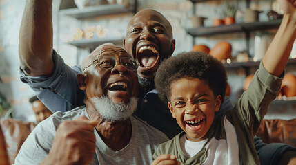 Excited black grandfather, dad and son cheering favorite football team at home