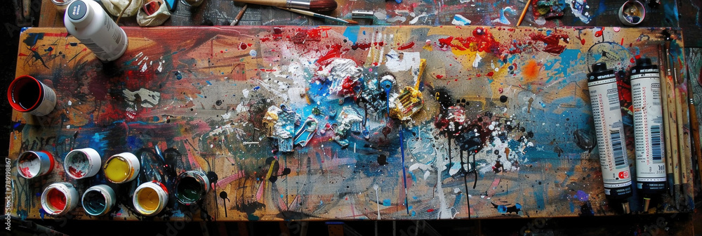 Poster a cluttered table filled with various tubes of paint and an assortment of paint brushes in disarray
