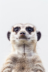Close up of a meerkat looking directly at the camera with intense focus, showing its curious and observant nature