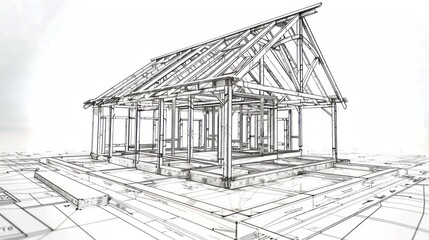 2d drawing of structural plans for a wooden house, building plans, drafting, flat roof, one story, Floor Truss