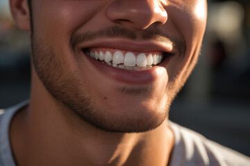 Smiling man with perfect white teeth over blurred background