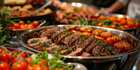  a people stand around an elegant indoor table with many food and various dishes like grilled meat...