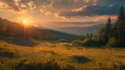 summer landscape with meadow and spruce forest on hills in mountainous area with sun and moon on sky. day and night time change concept at spring equinox.