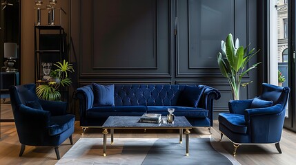 Elegant living room interior with a dark blue couch and a matching armchair