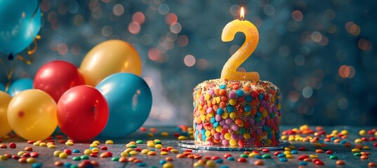 Number two candle on cake with balloons and party decor for celebration on blurred background
