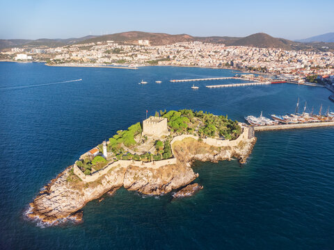 Aerial view of Guvercinada Island with scenic castle, Kusadasi