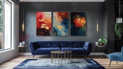 elegant navy blue sofa in the middle of a bright living room interior with gold metal side tables and three paintings on a gray wall
