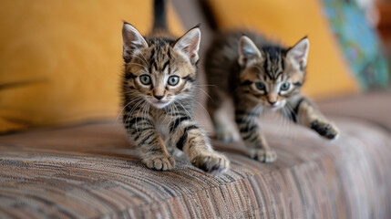 A couple of young kittens are playfully walking on a couch, their fluffy tails in the air. The curious felines explore their surroundings with energy and grace